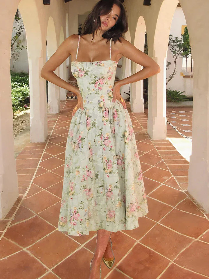 Floriana │ Women's Floral Print Midi Wedding Guest Dress With Structured Bodice