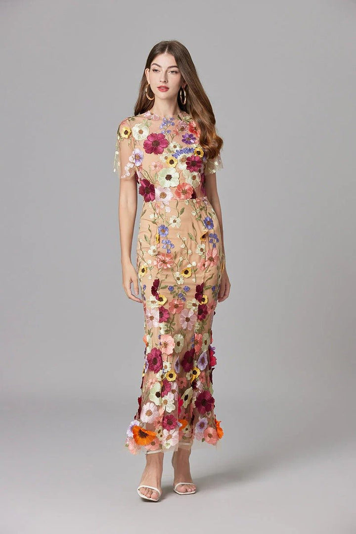 Beatrice │ Women's 3D Floral Appliqué Sleeveless Maxi Dress