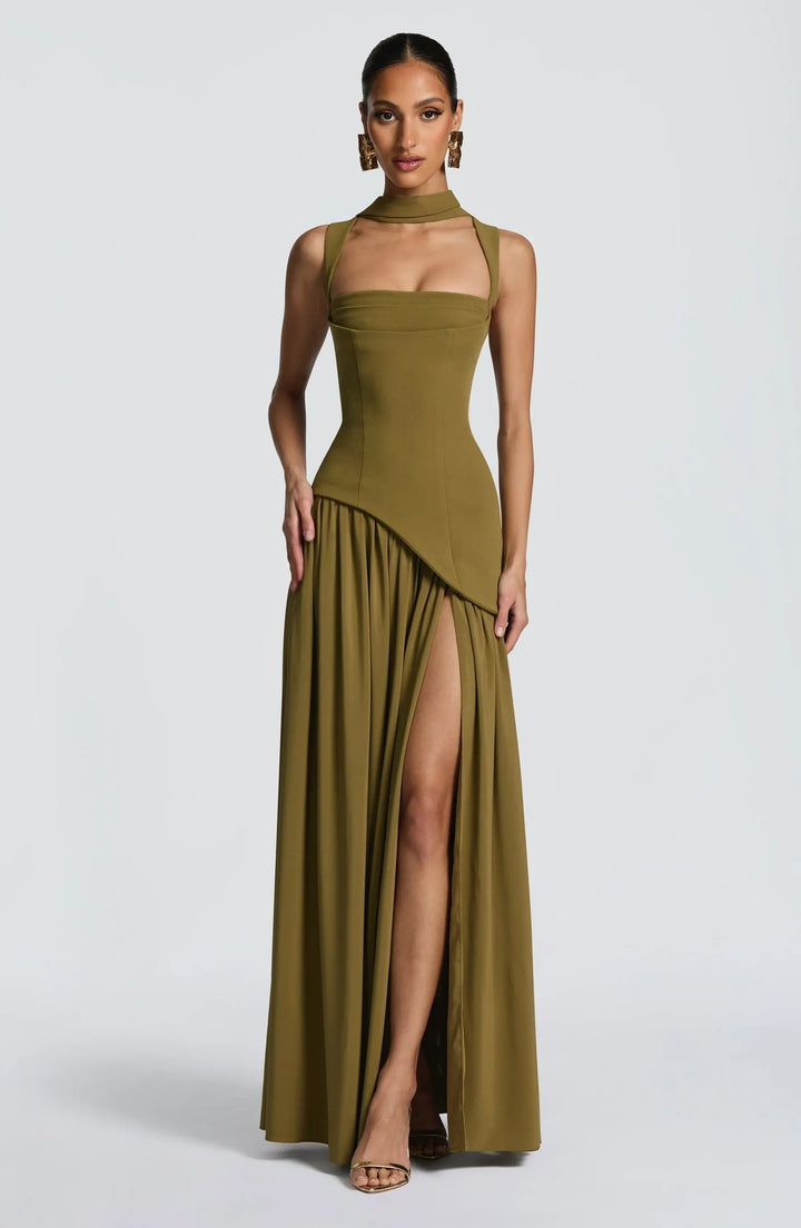Sophia │ Women's Wide Strap Fitted Bodice Maxi Dress With Side Slit