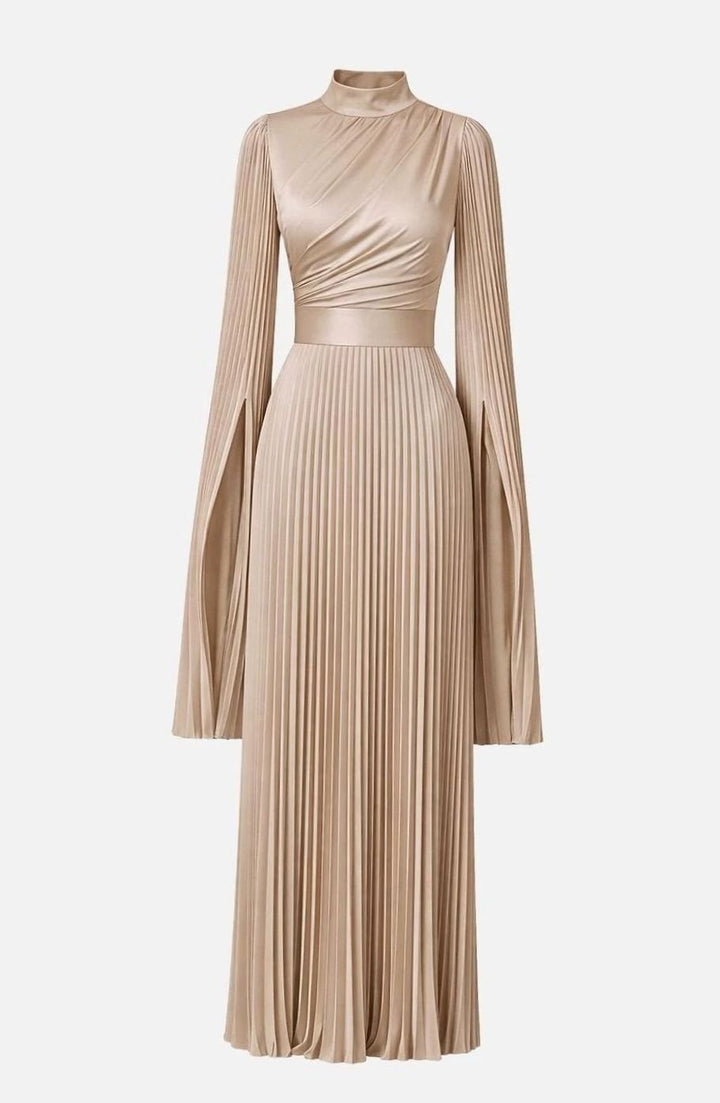 Women's Aurelie Pleated Satin Split-Sleeve Maxi Party Dress Gown - Champagne Beige