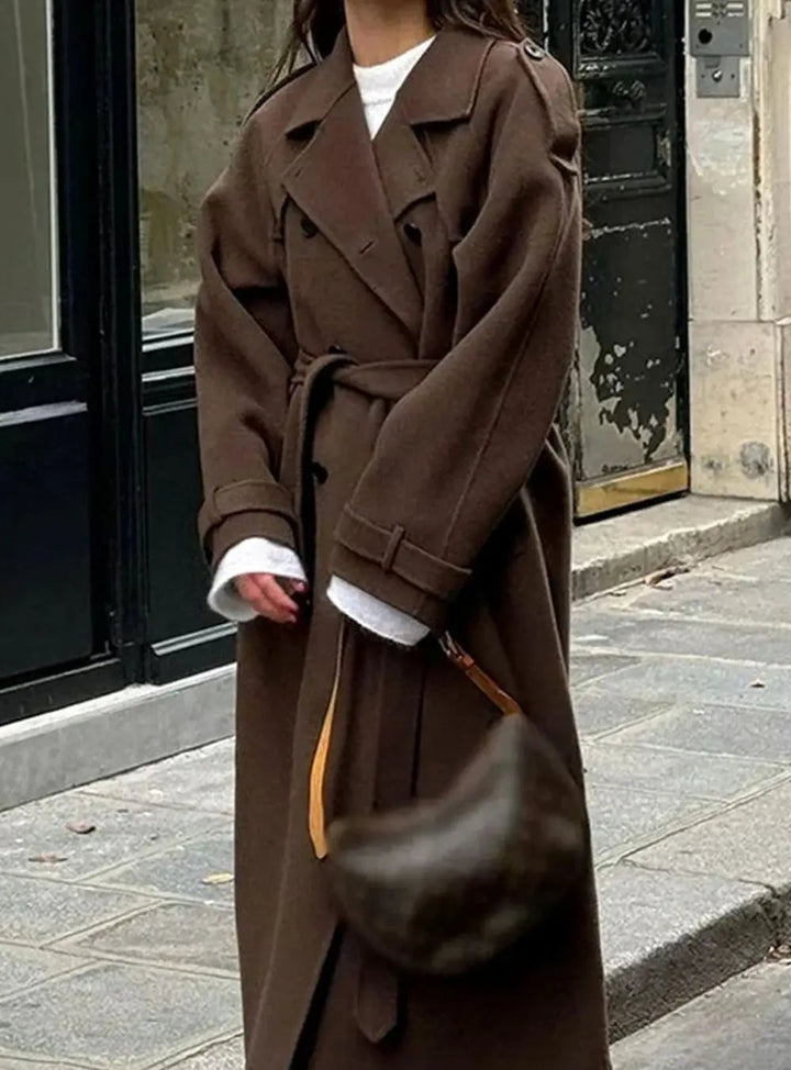 Women's Belted Button-Front Mid-Length Wool Midi Coat