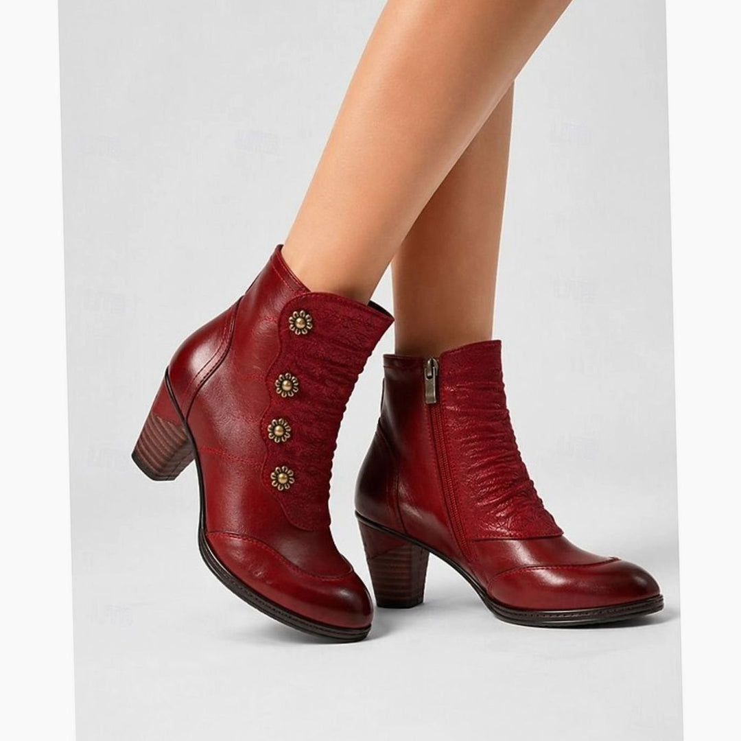 Women's Block-Heeled Ankle Booties Floral Button Zip-Up