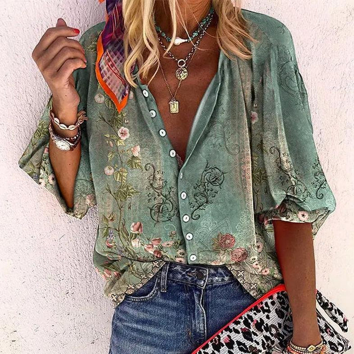 Philippa │ Women's Linen Floral Print V-Neck Button Down Blouse