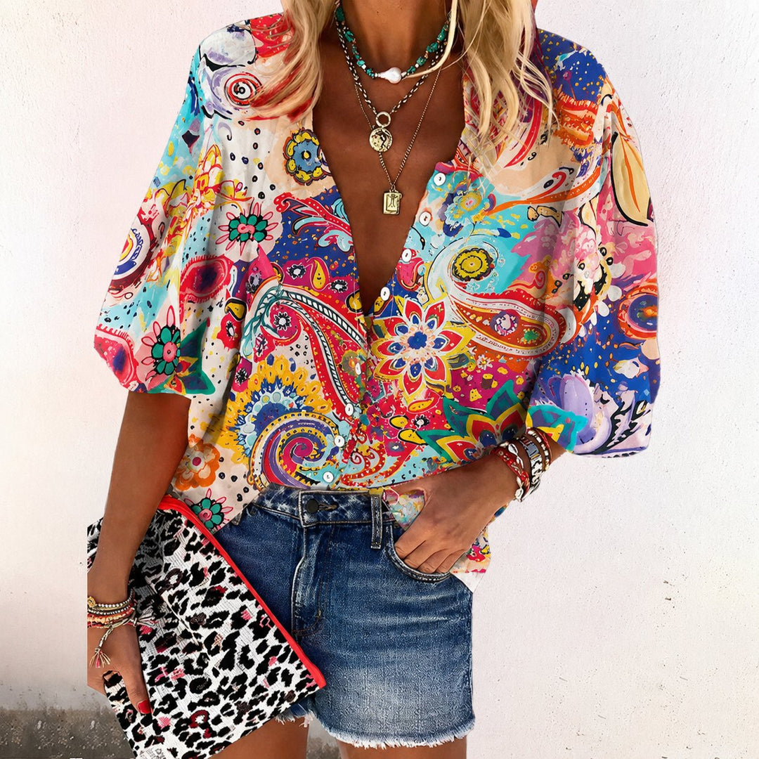 Philippa │ Women's Linen Floral Print V-Neck Button Down Blouse