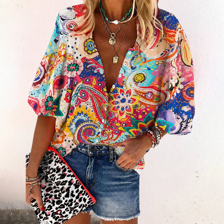 Philippa │ Women's Linen Floral Print V-Neck Button Down Blouse