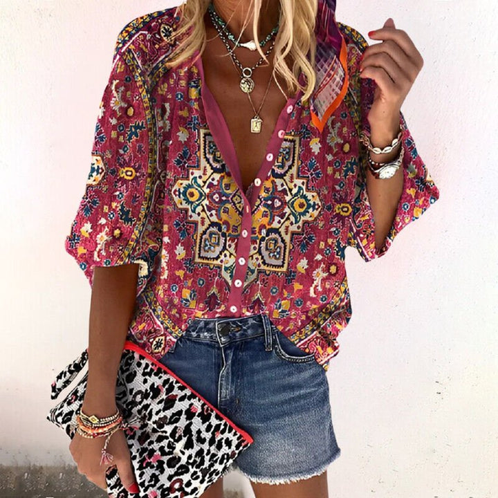 Philippa │ Women's Linen Floral Print V-Neck Button Down Blouse