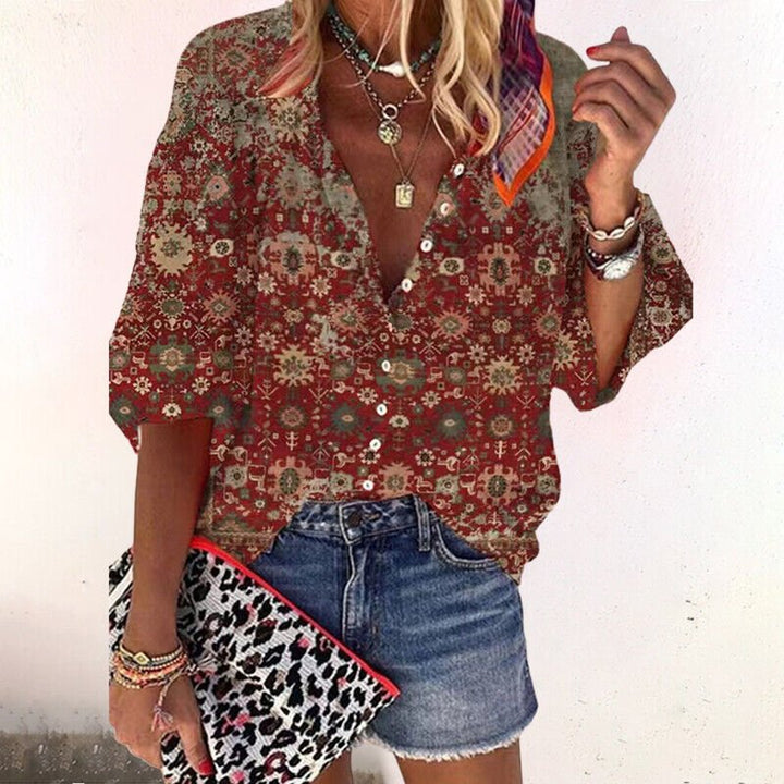 Philippa │ Women's Linen Floral Print V-Neck Button Down Blouse