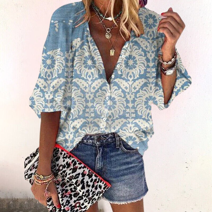 Philippa │ Women's Linen Floral Print V-Neck Button Down Blouse