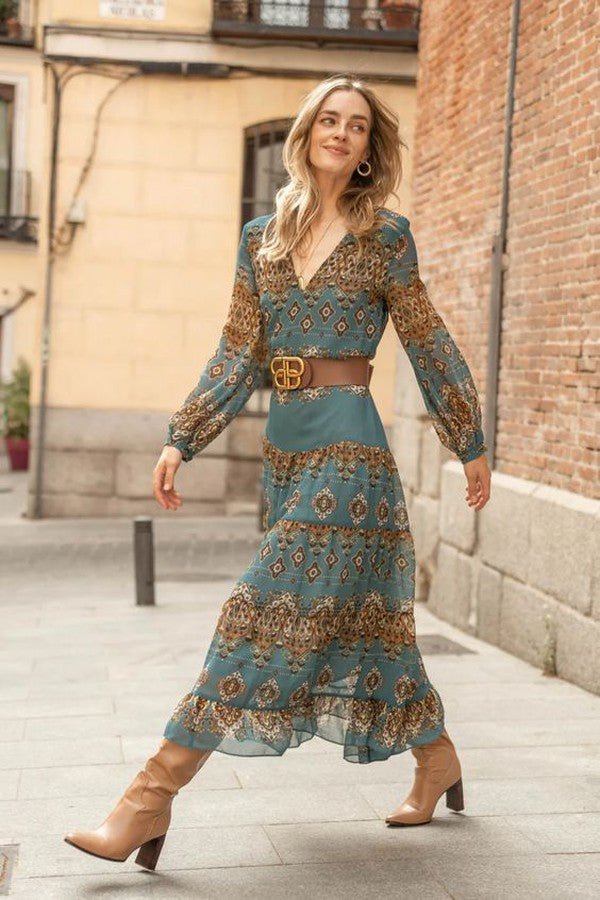 Lillian │ Women's Medallion Print Long Sleeve Tiered Chiffon Midi Dress