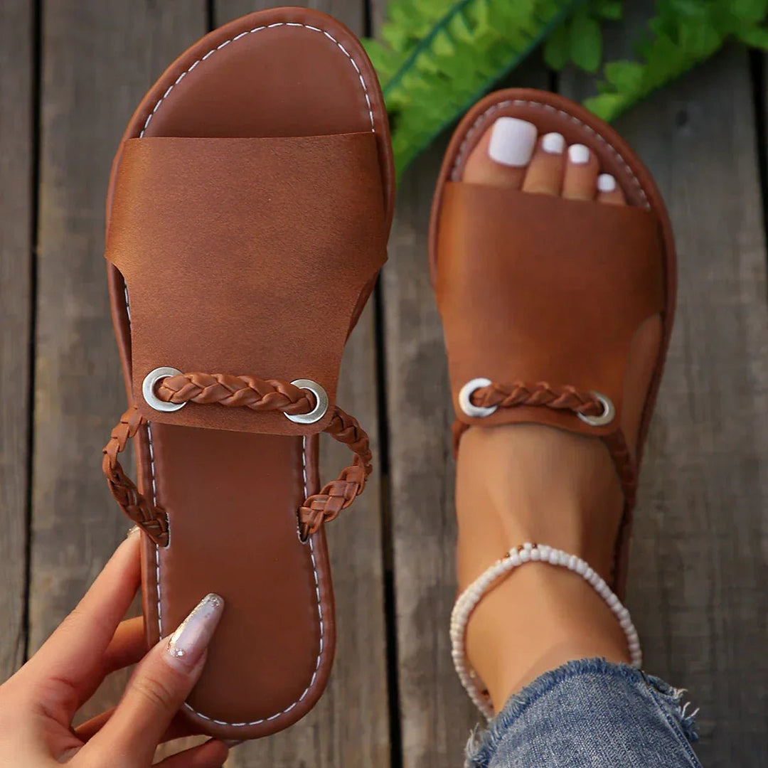 Nina │ Women's Flat Open Toe Sandals With Braided Ankle Strap And Metal Eyelets