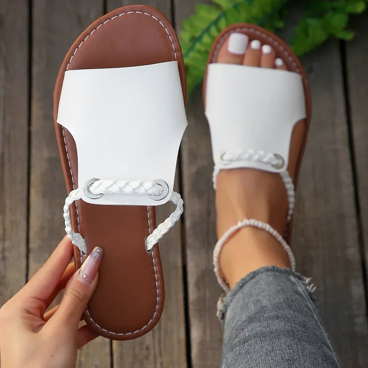 Nina │ Women's Flat Open Toe Sandals With Braided Ankle Strap And Metal Eyelets