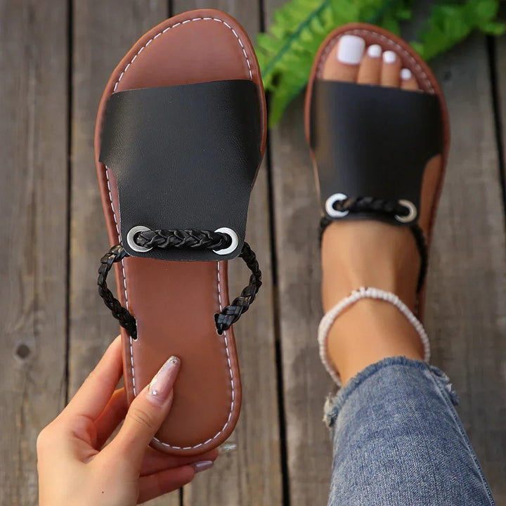 Nina │ Women's Flat Open Toe Sandals With Braided Ankle Strap And Metal Eyelets