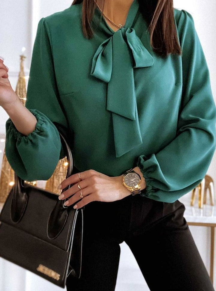Women's Bow-Neck Puff Long Sleeve Blouse - Green