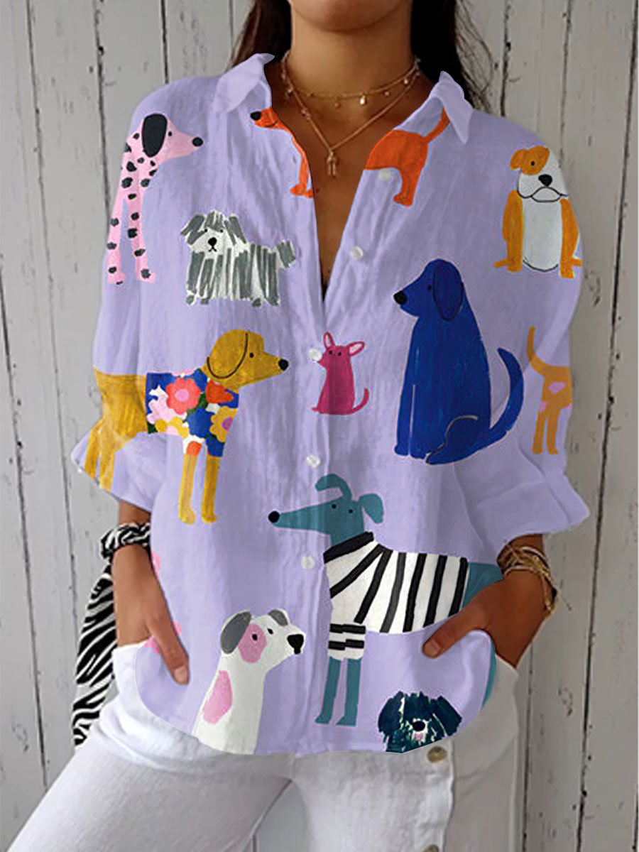 Jemima │ Women's Dog Print Button Front Long Sleeve Blouse