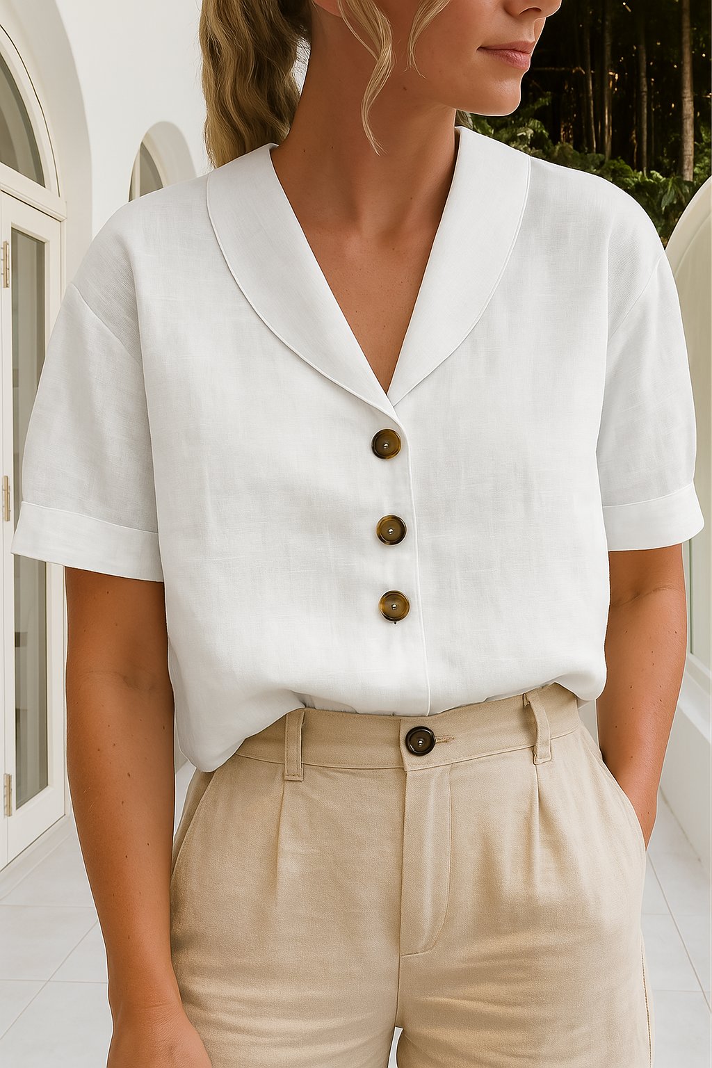 Tessa │ Women's Linen V-Neck Short Sleeve Button Front Blouse