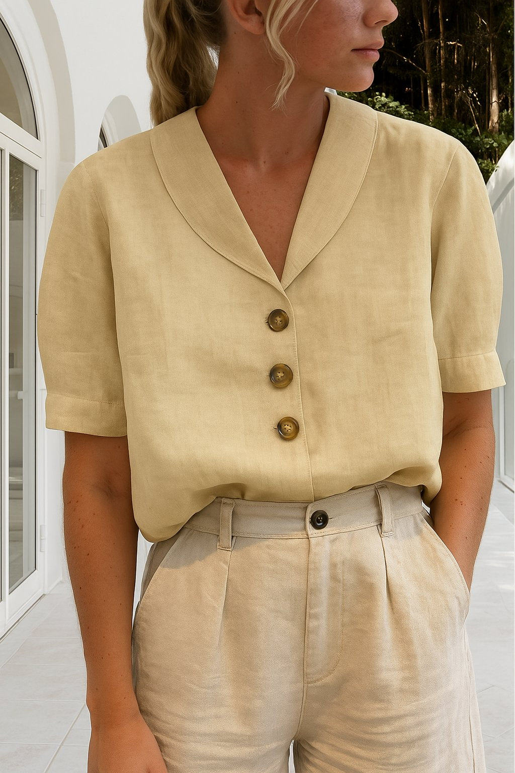 Tessa │ Women's Linen V-Neck Short Sleeve Button Front Blouse