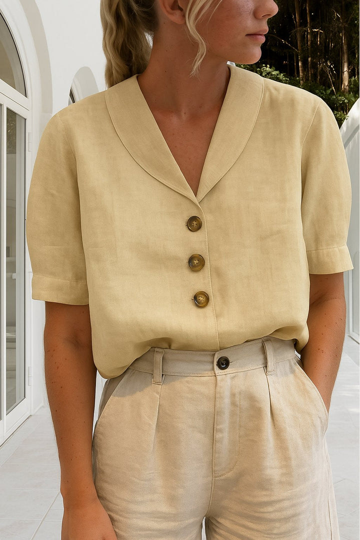 Tessa │ Women's Linen V-Neck Short Sleeve Button Front Blouse