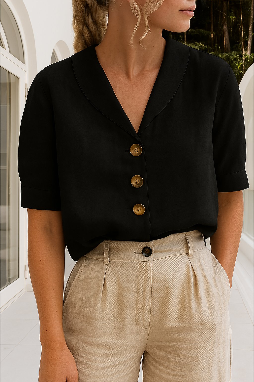 Tessa │ Women's Linen V-Neck Short Sleeve Button Front Blouse