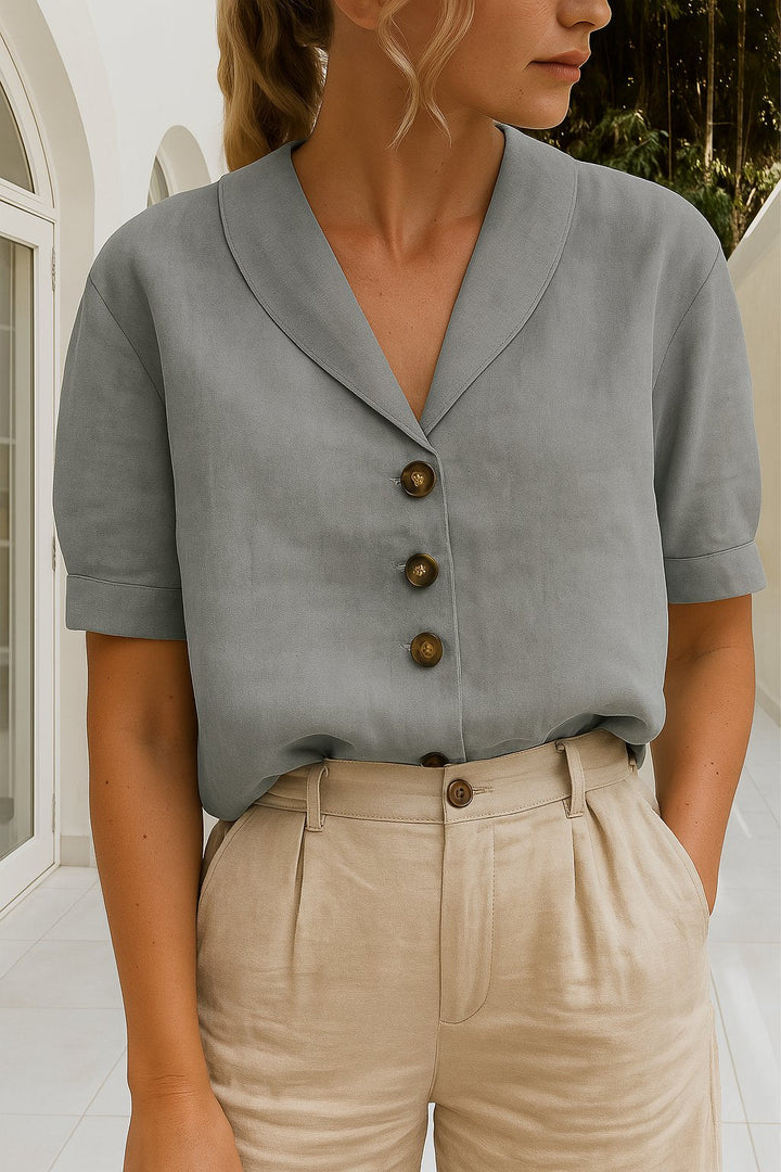 Tessa │ Women's Linen V-Neck Short Sleeve Button Front Blouse