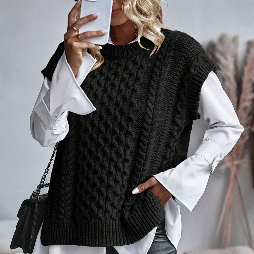 Women's Cable-Knit Relaxed-Fit Mock-Neck Sweater Vest - Black