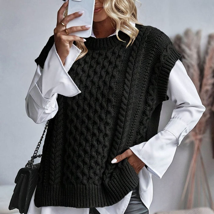 Women's Cable-Knit Relaxed-Fit Mock-Neck Sweater Vest - Black