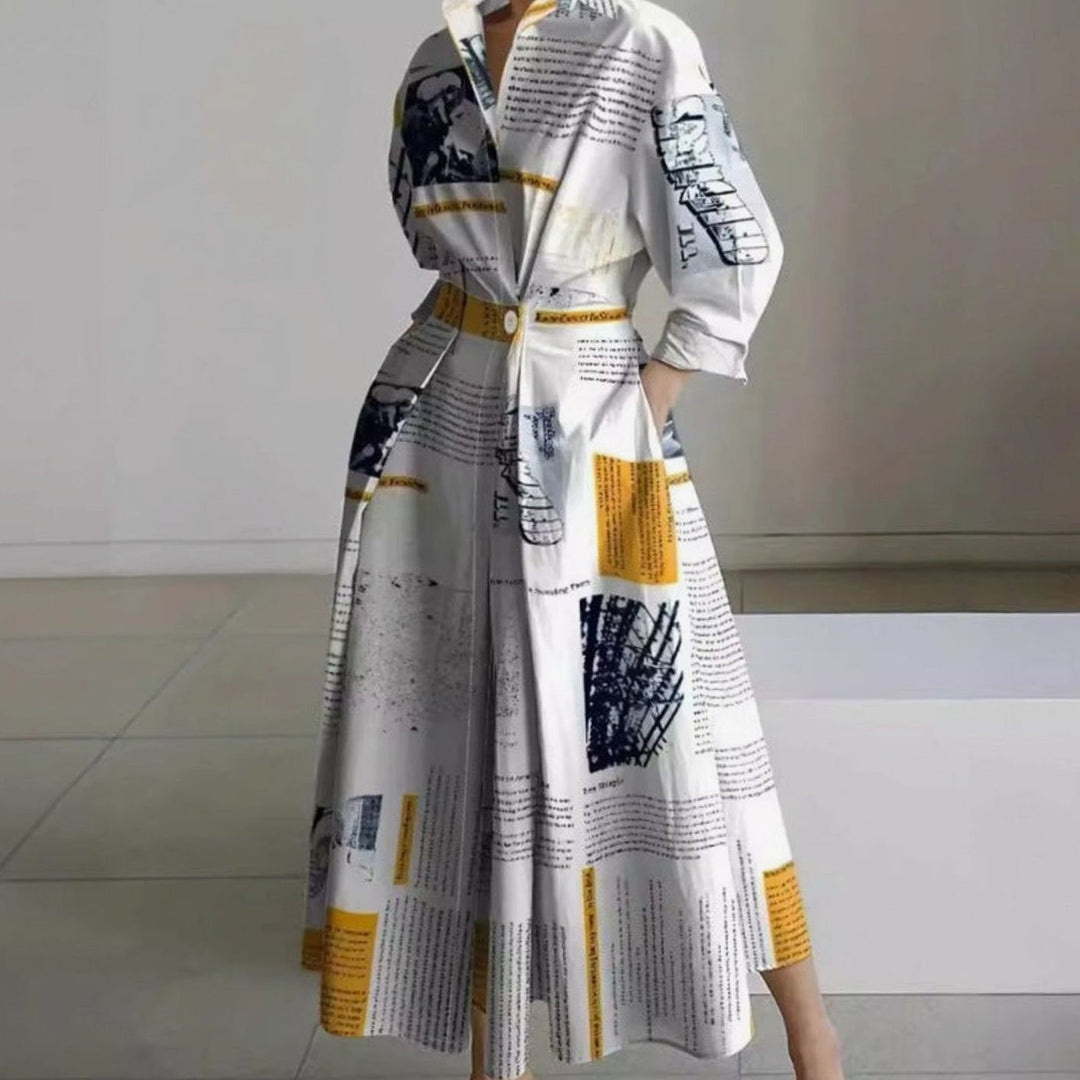 Women's Collared Maxi Shirt Dress Long Sleeve Wrap Newspaper Print