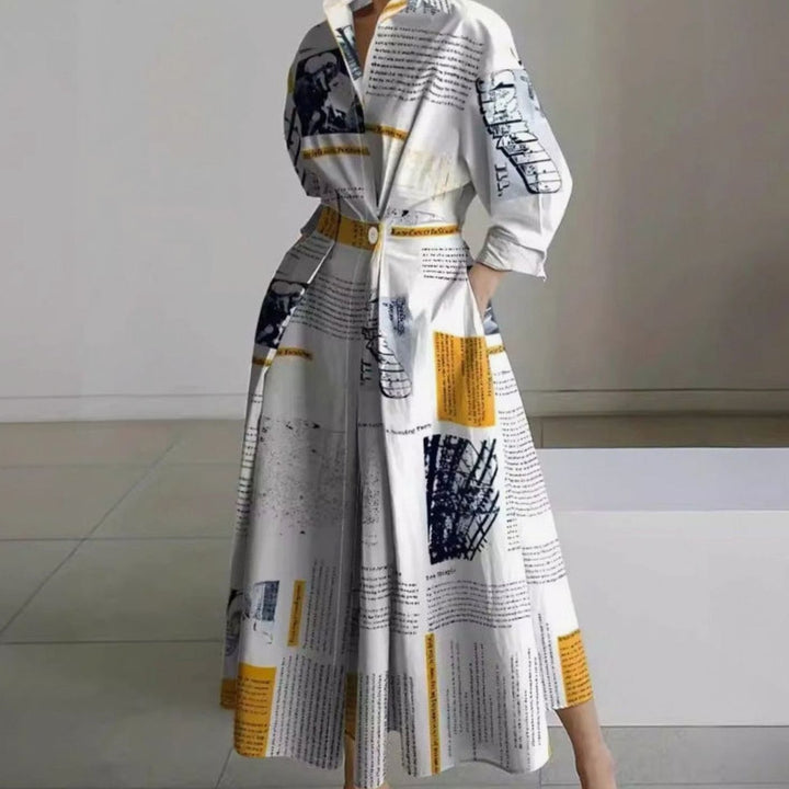 Women's Collared Maxi Shirt Dress Long Sleeve Wrap Newspaper Print