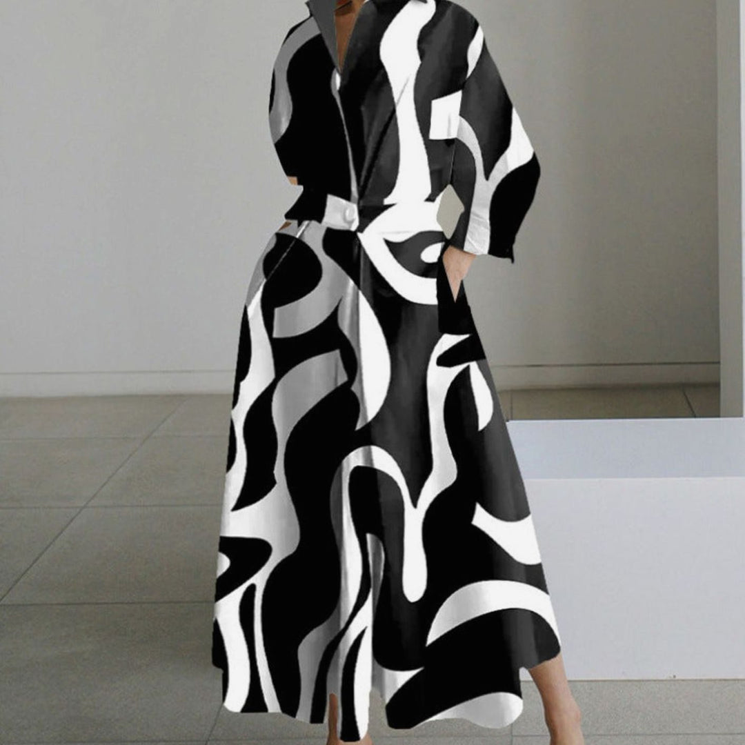 Women's Collared Maxi Shirt Dress Long Sleeve Wrap Newspaper Print - Black Stripe