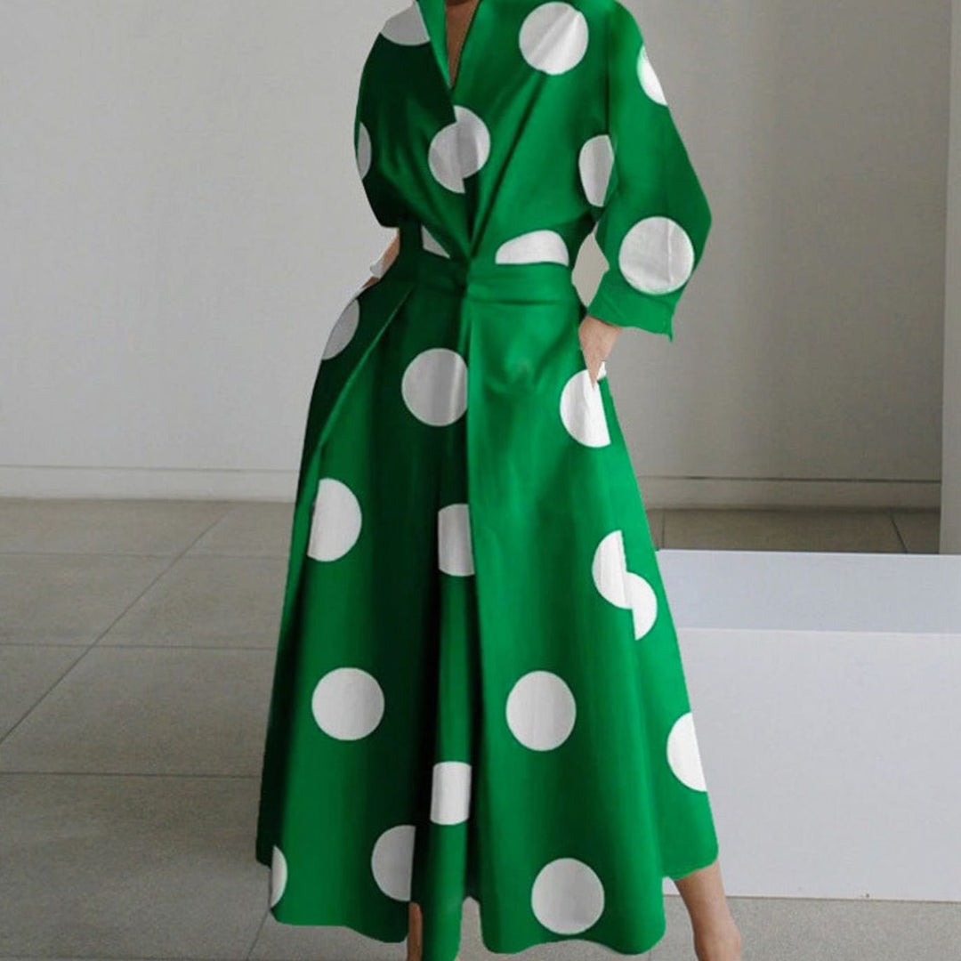 Women's Collared Maxi Shirt Dress Long Sleeve Wrap Newspaper Print - Green Polka Dot