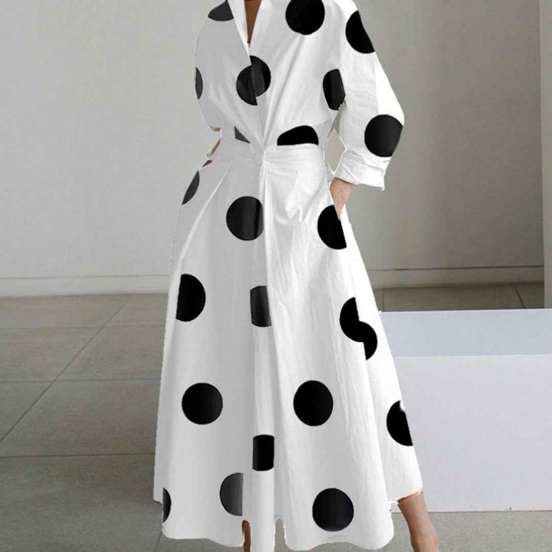 Women's Collared Maxi Shirt Dress Long Sleeve Wrap Newspaper Print - White Polka Dot