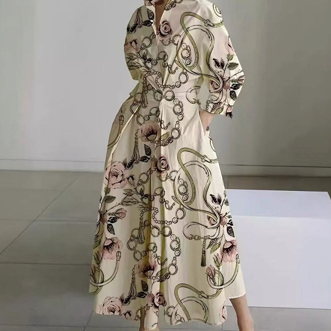 Women's Collared Maxi Shirt Dress Long Sleeve Wrap Newspaper Print - Gold Chain Print