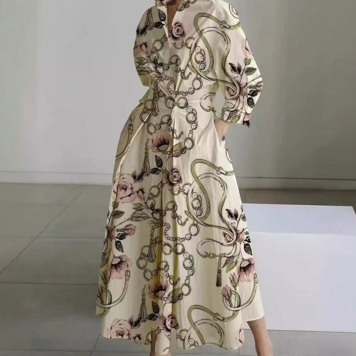 Women's Collared Maxi Shirt Dress Long Sleeve Wrap Newspaper Print - Gold Chain Print