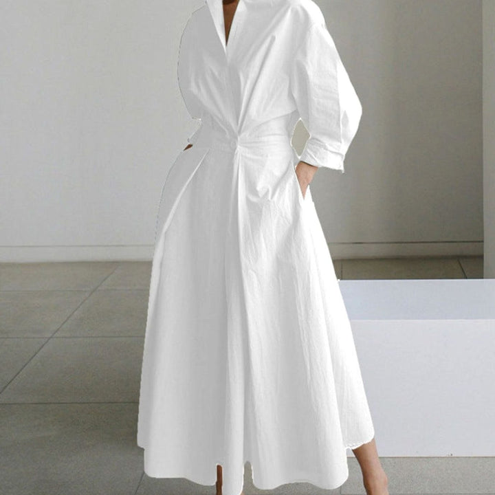 Women's Collared Maxi Shirt Dress Long Sleeve Wrap Newspaper Print - White