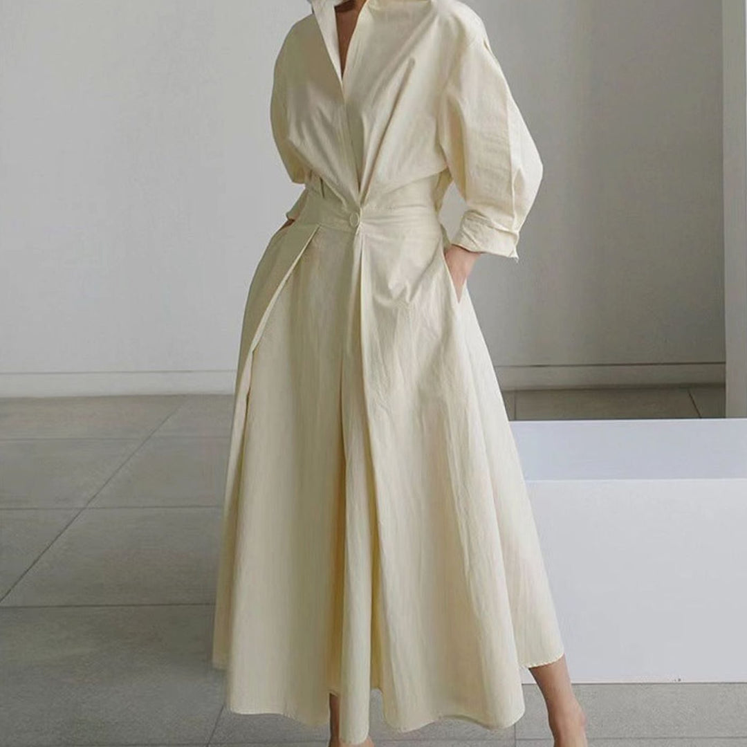 Women's Collared Maxi Shirt Dress Long Sleeve Wrap Newspaper Print - Apricot