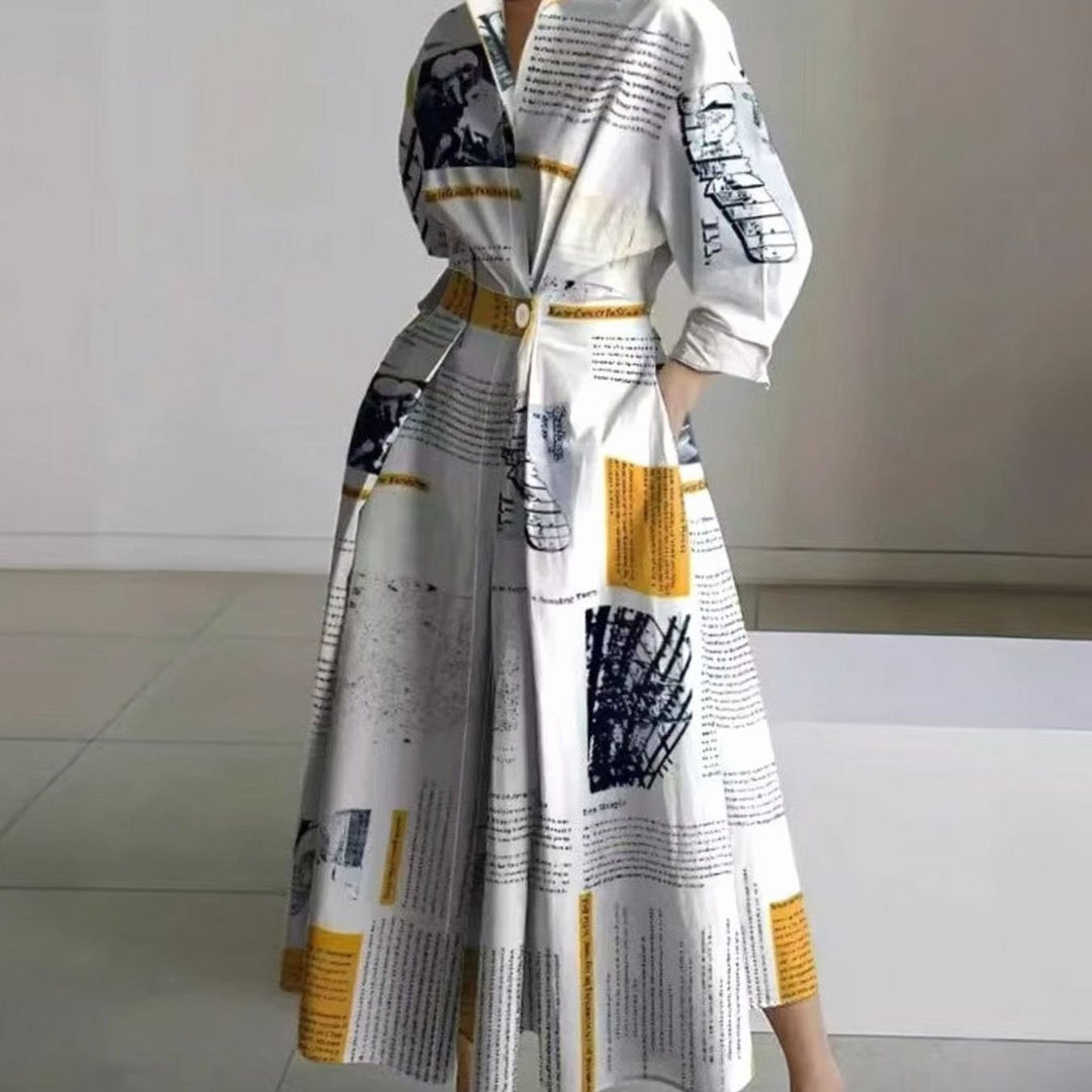 Women's Collared Maxi Shirt Dress Long Sleeve Wrap Newspaper Print - Yellow Newspaper Print