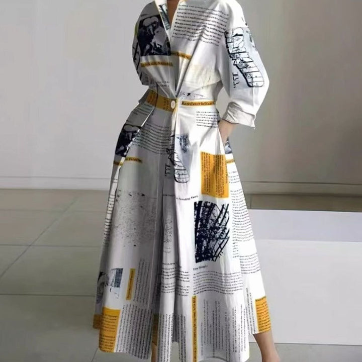 Women's Collared Maxi Shirt Dress Long Sleeve Wrap Newspaper Print - Yellow Newspaper Print