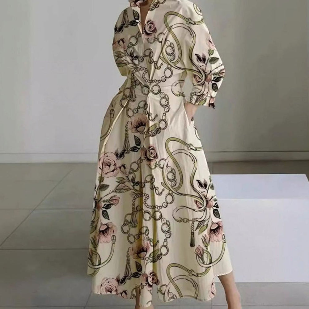 Women's Collared Maxi Shirt Dress Long Sleeve Wrap Newspaper Print