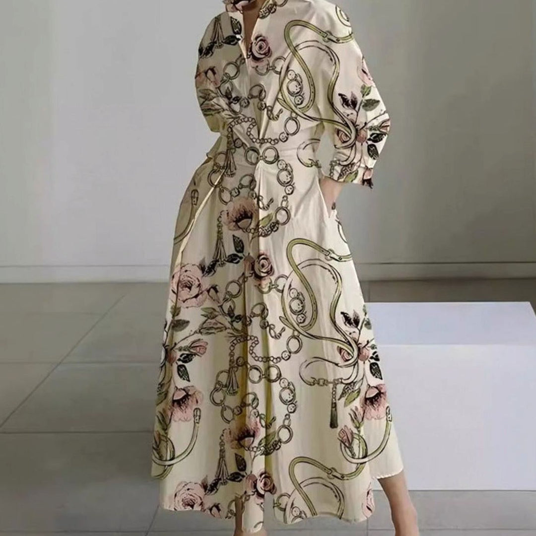 Women's Collared Maxi Shirt Dress Long Sleeve Wrap Newspaper Print