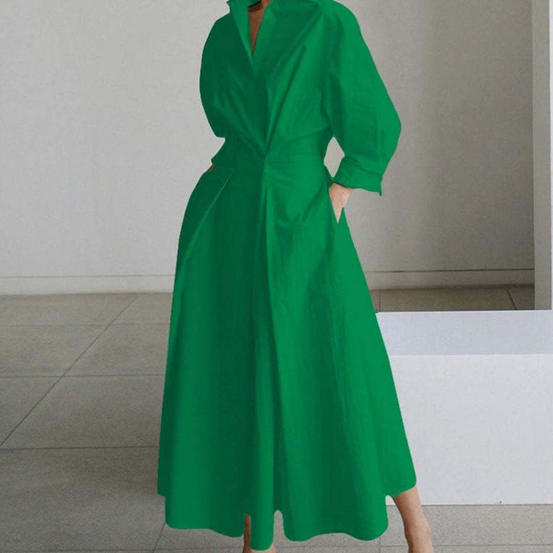 Women's Collared Maxi Shirt Dress Long Sleeve Wrap Newspaper Print - Green