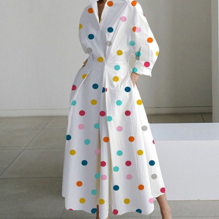 Women's Collared Maxi Shirt Dress Long Sleeve Wrap Newspaper Print - Rainbow Polka Dot