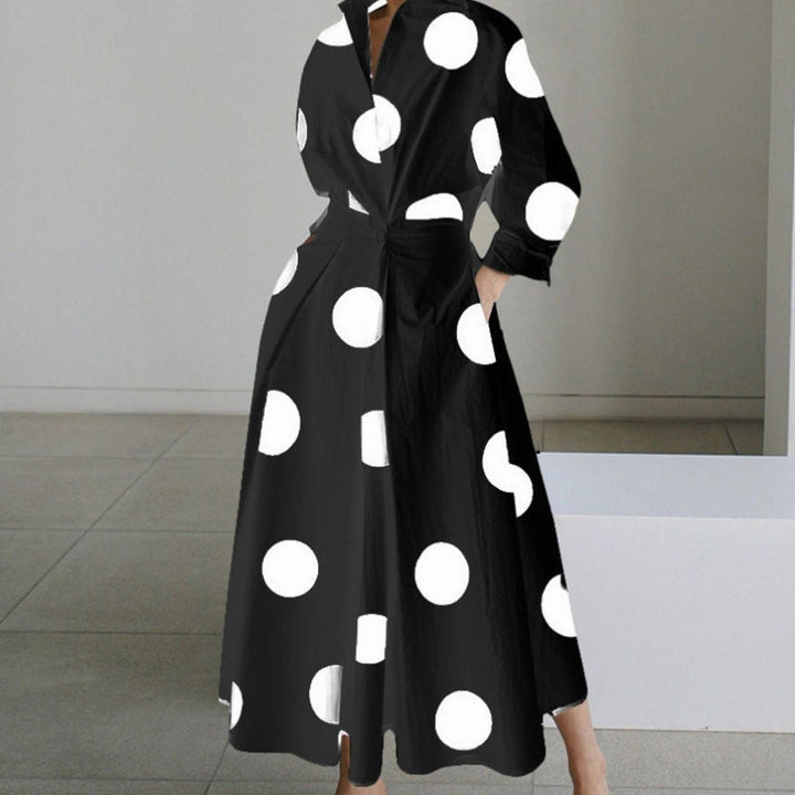 Women's Collared Maxi Shirt Dress Long Sleeve Wrap Newspaper Print - Black Polka Dot