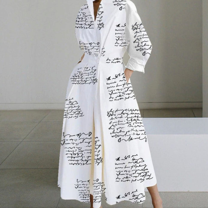 Women's Collared Maxi Shirt Dress Long Sleeve Wrap Newspaper Print - White Letter Print