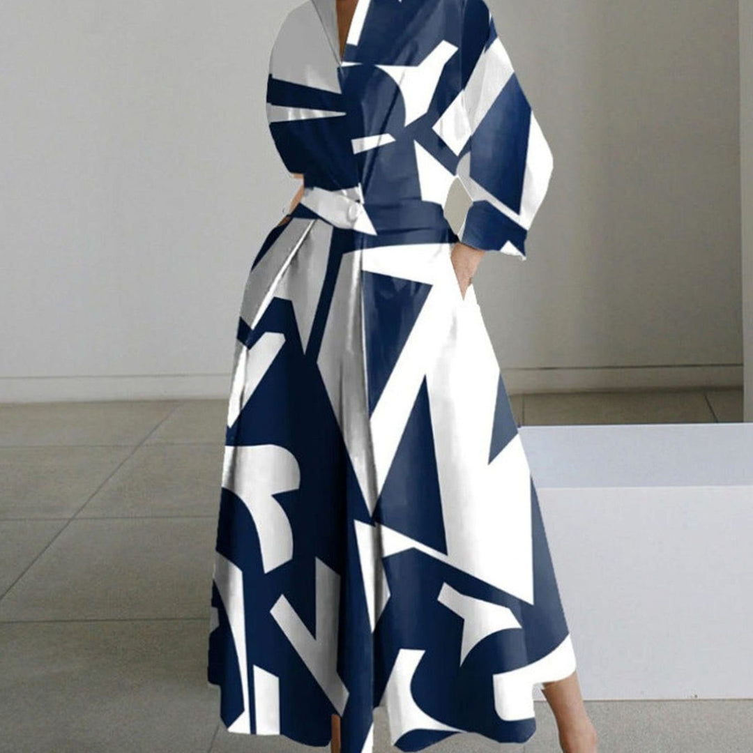 Women's Collared Maxi Shirt Dress Long Sleeve Wrap Newspaper Print - Blue Stripe