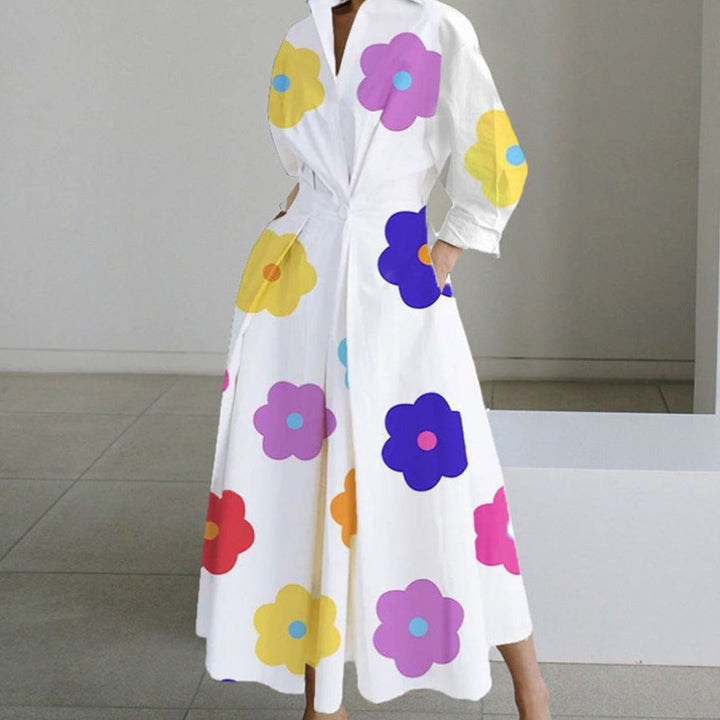 Women's Collared Maxi Shirt Dress Long Sleeve Wrap Newspaper Print - White Floral