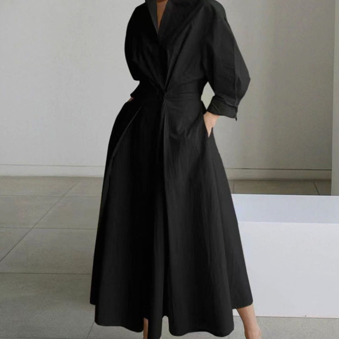 Women's Collared Maxi Shirt Dress Long Sleeve Wrap Newspaper Print - Black