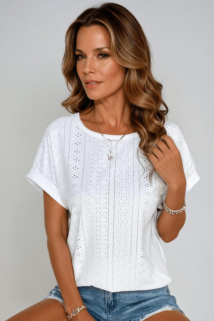 Pearl │ Women's Cotton Eyelet Short Sleeve Round Neck Top