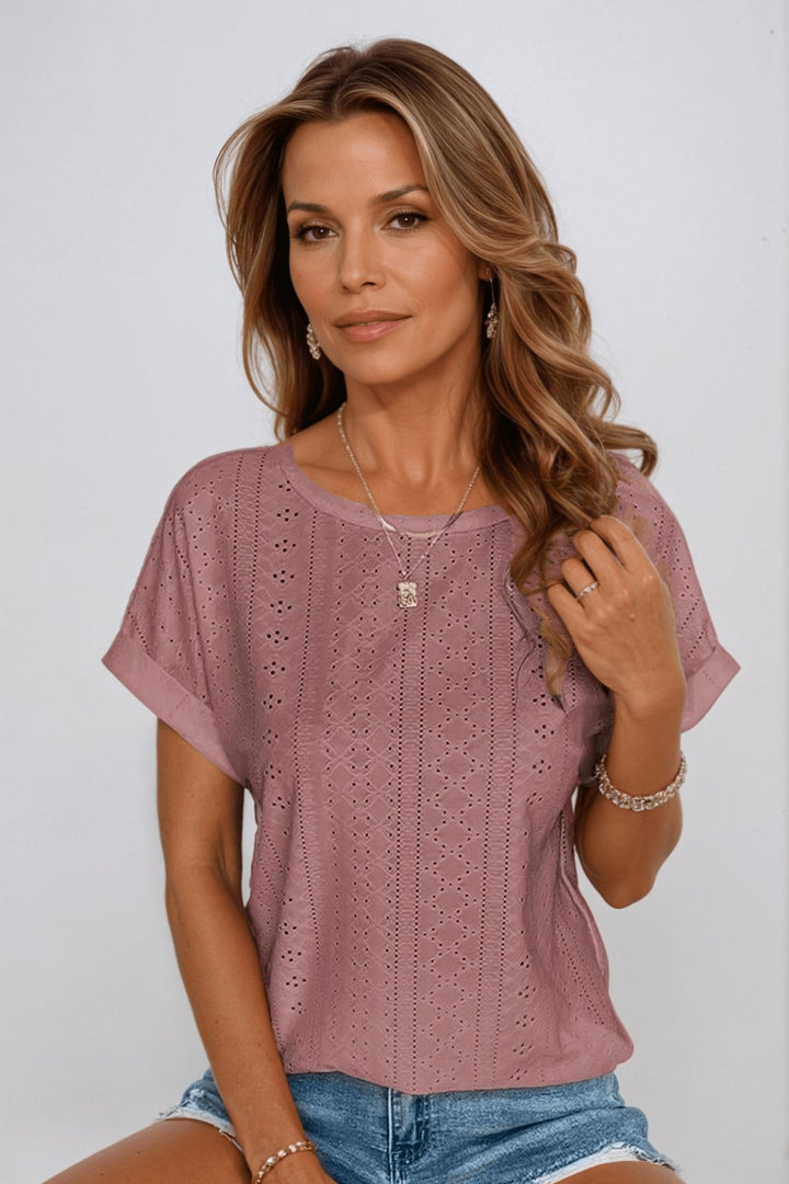 Pearl │ Women's Cotton Eyelet Short Sleeve Round Neck Top
