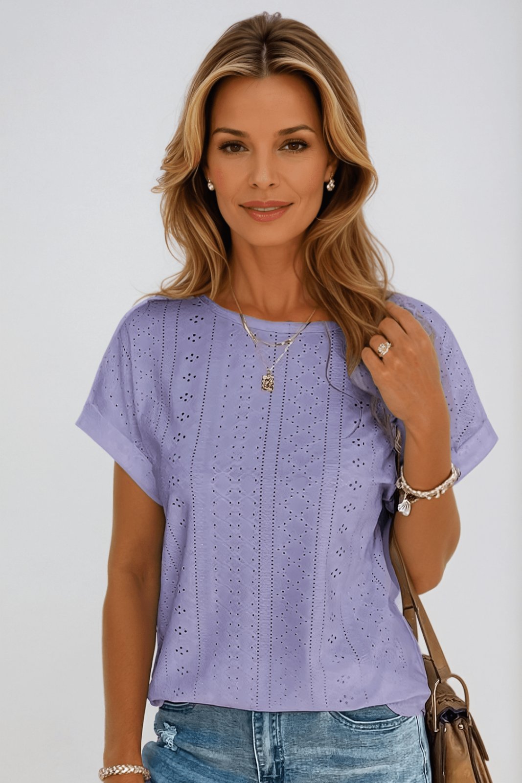 Pearl │ Women's Cotton Eyelet Short Sleeve Round Neck Top