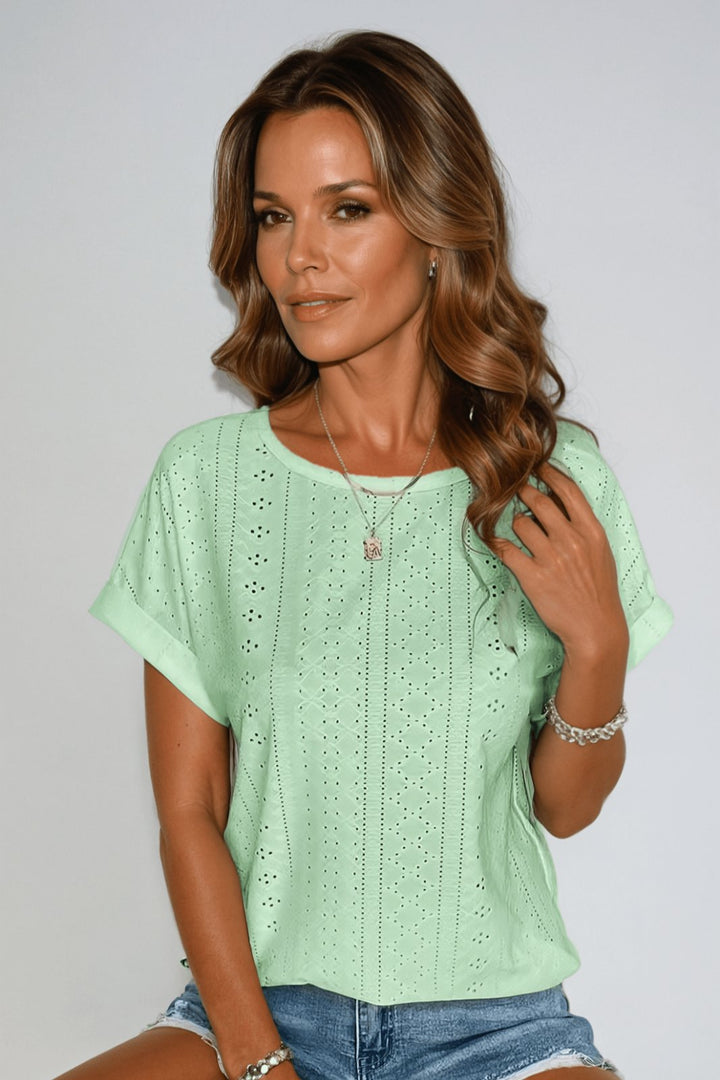 Pearl │ Women's Cotton Eyelet Short Sleeve Round Neck Top