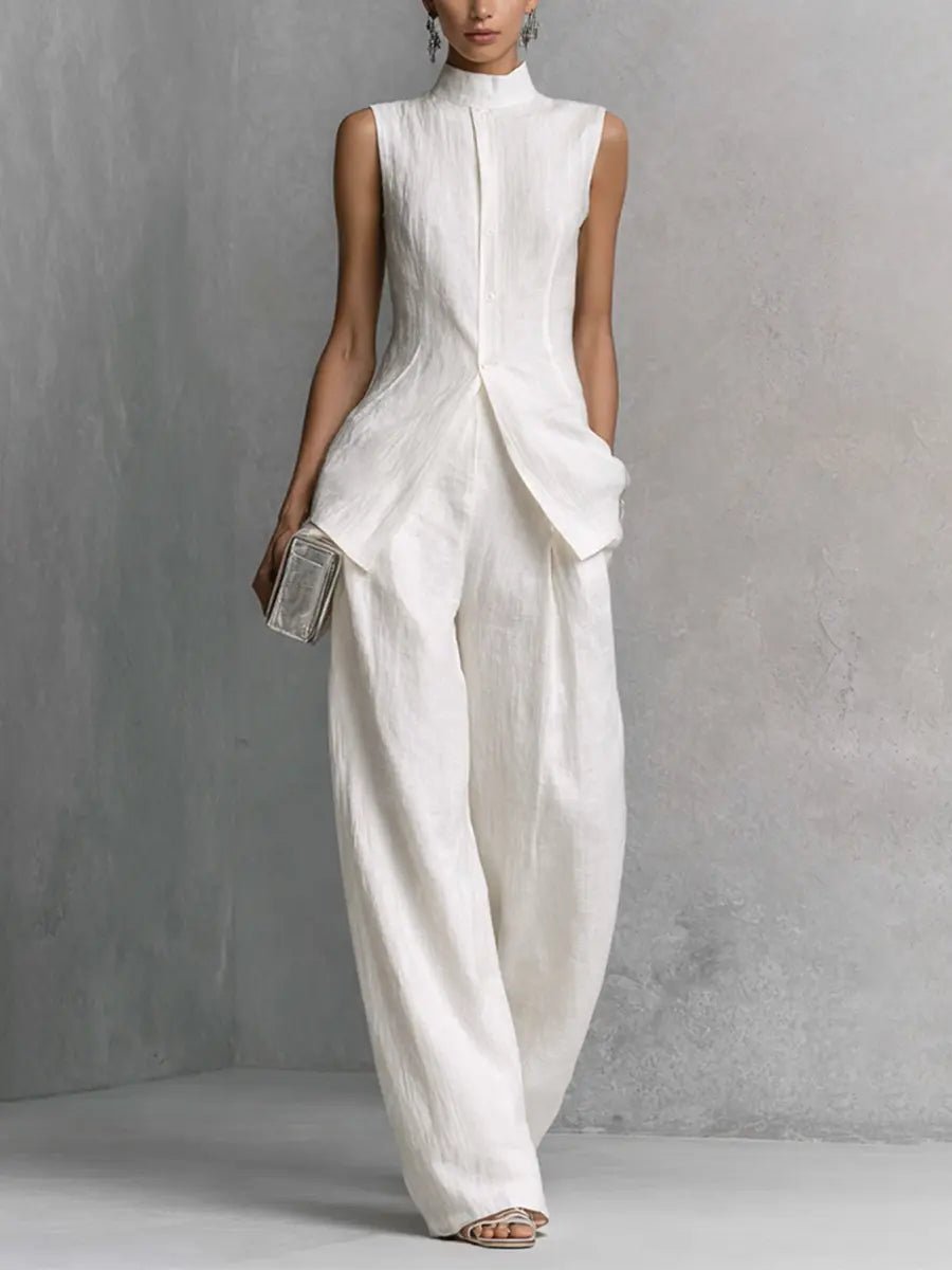 Isadora │ Women's Linen Stand Collar Sleeveless Top And Wide-Leg Trousers Two-Piece Set